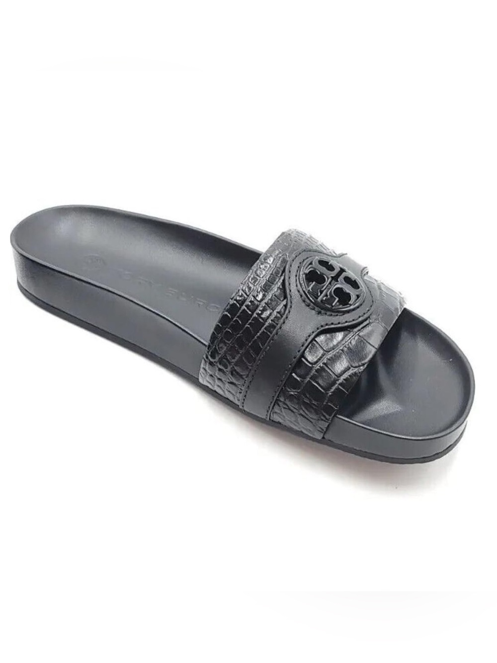 Tory Burch Black Carson Croc-Embossed Anatomic Slide Sandals